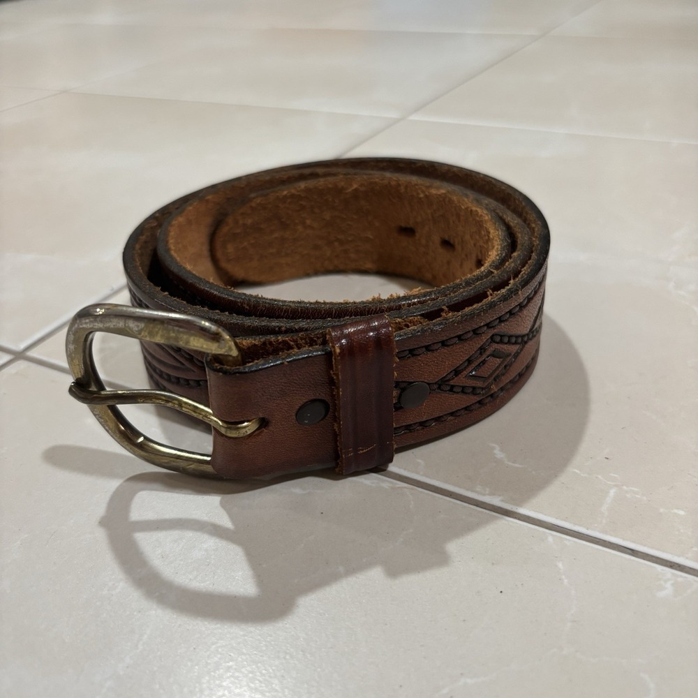 Vintage 90s Genuine Leather Belt Brown Western Hand Finished Aztec Cowboy 38